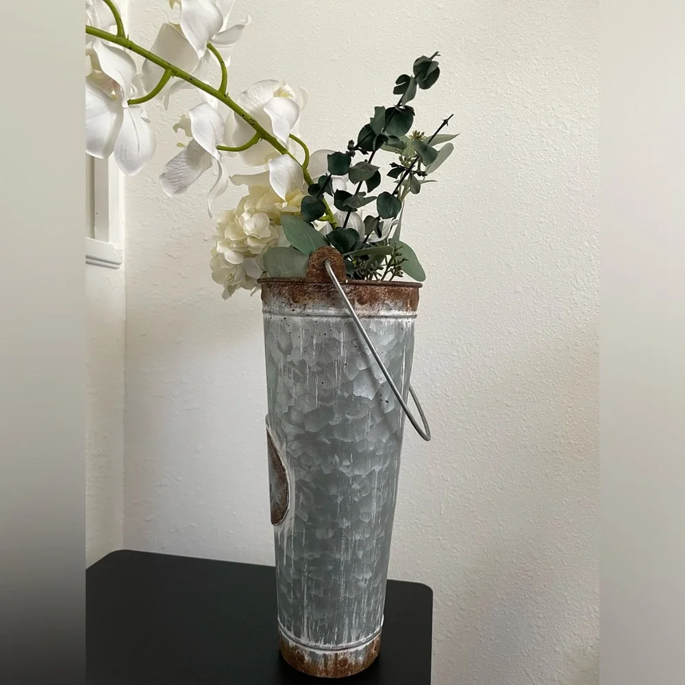 Faux Orchid Flower Arrangement With Rustic Vase 22” H.
